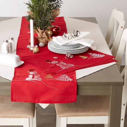 DII® 70" Red Embroidered Snowman Table Runner